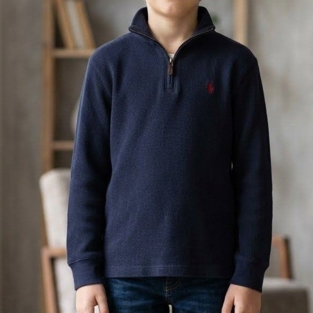Preppy Old Money Polo Ralph Lauren 1/4 Zip Navy Sweater 100% Cotton Youth M14/16